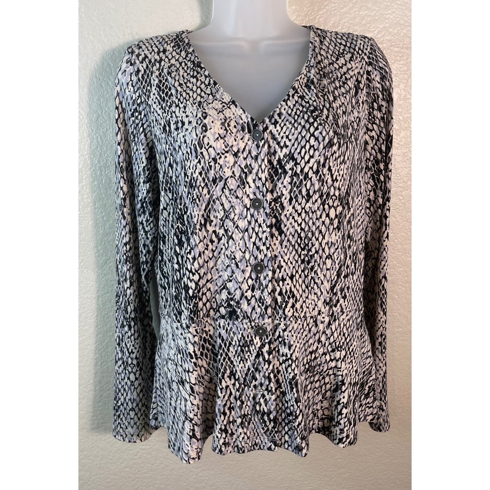 Susan Graver Womens XS Top Grey Snakeskin Liquid Knit Peplum Button Front Blouse
